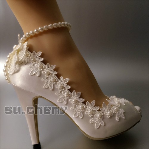 Zapatos de boda su.cheny 3"" 4"" tacón satén blanco marfil encaje tobilla puntera abierta talla - Imagen 10 de 29