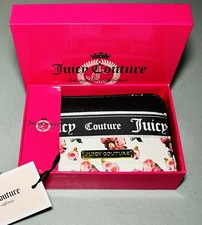 Juicy Couture Varsity Blooms Zip Around Clutch Wallet White Rose Print ￼New NIB