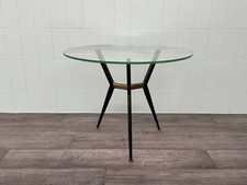 Tavolino Italiano Anni 60 Treppiede in metallo e Piano In vetro Rotondo
