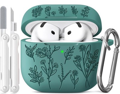 for Airpods 4 Case, Ekoonpft Flower Engraved Cases 4th, Pine Green