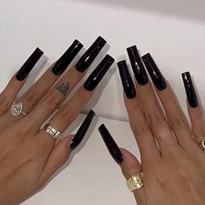 Hkanlre Black Press on Nails Long Fake Nails Square Full Cover Soild False