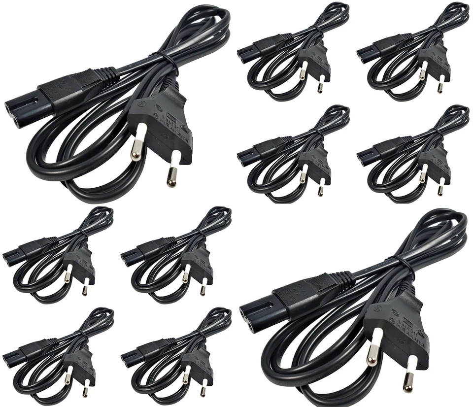 10× Euro Netzkabel 2 Pin | H03VVH2-F 2-polig (Typ C) | 250 V 2,5 A  Schwarz