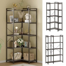 Bookshelf 5 Tier Deformable Corner Bookcase Free Standing Modern Industrial B...