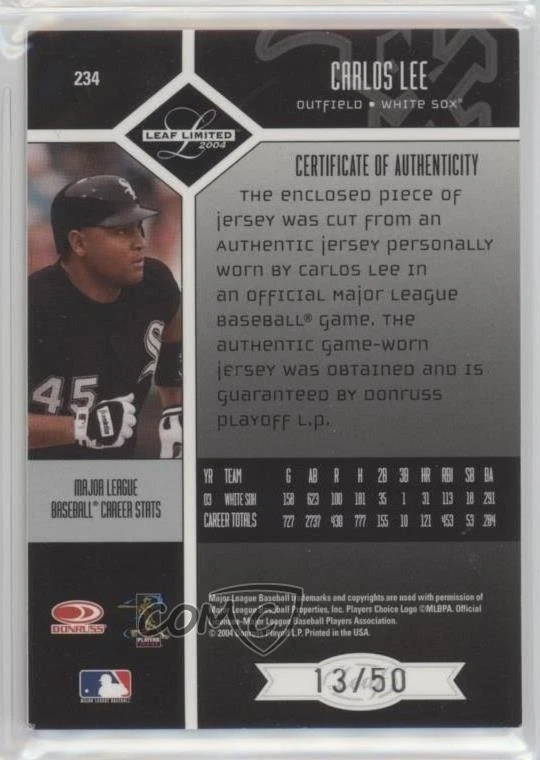 2004 Leaf Limited Monikers Jersey Number Signatures /50 Carlos Lee #234 Auto - Image 2 of 2