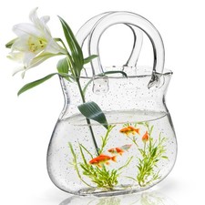 Glass Purse Vase for Flowers, Clear Bag Vase with Handle, Unique Handbag Shap...