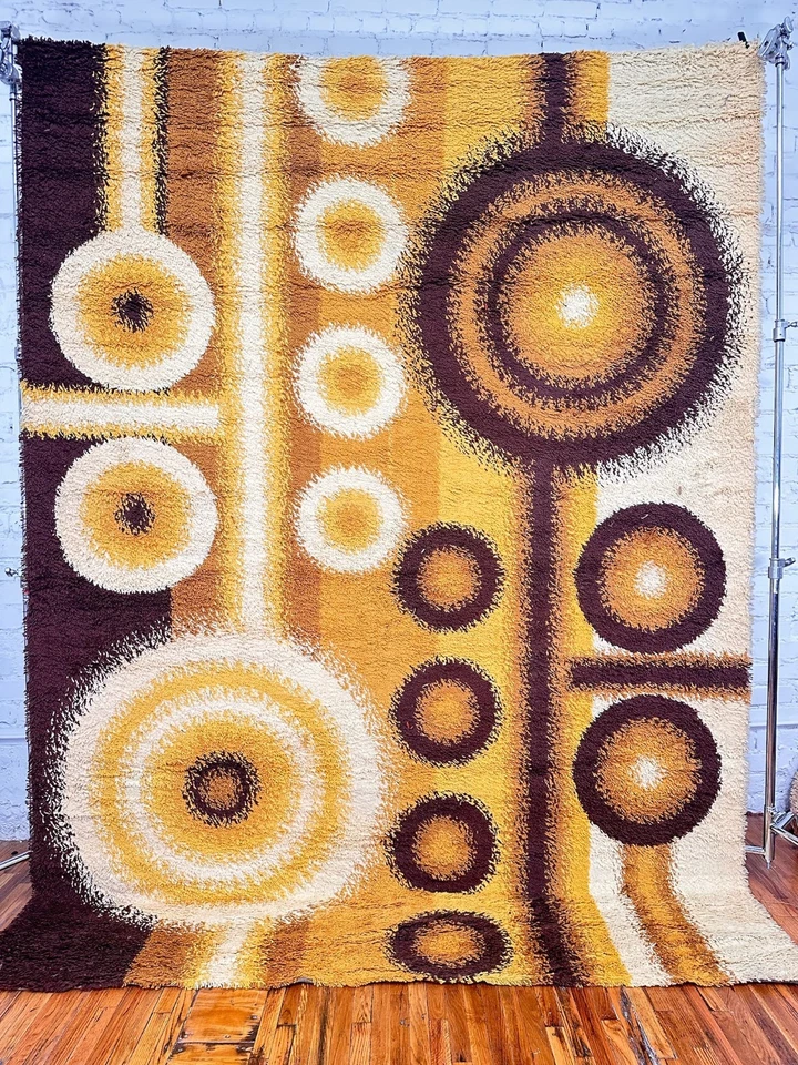 60's DANIA TAEPPER Circles Yellow Cream UNUSED Mid Century Danish Rya Rug Modern - Image 2 of 4