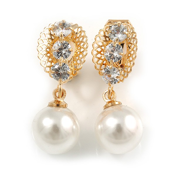 Delicate Crystal Faux Pearl Drop Clip On Earrings In Gold Tone - 30mm Long