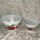 FIRE KING Bowl Apples Cherries Mixing White Splash Proof  9.5” & 6.5” Set 2 Vtg