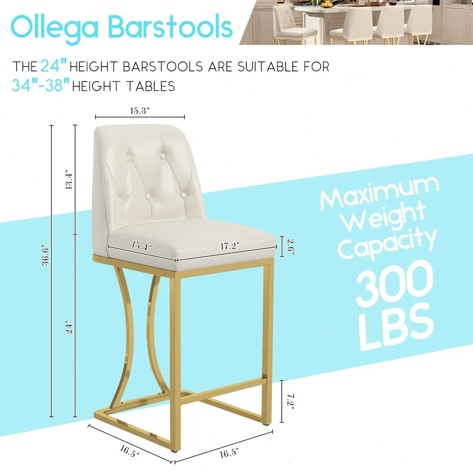 Set of 2/4 Leather Bar Stools with Back Support 24" Counter Height Kitchen Stool - Image 2 of 4