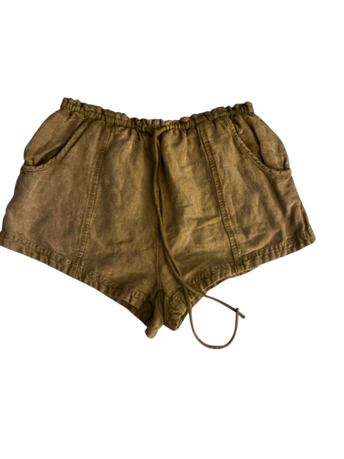Free People Linen Blend Olive Green Boho Shorts Size XS Drawstring 2” Inseam