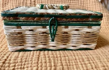 Vintage Wicker Woven Sewing Basket Box Green Satin Quilted With Contents Japan