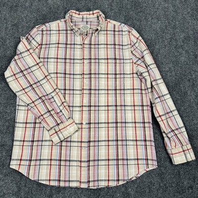 St Johns Bay Mens Sz L Plaid Long Sleeve Red Tan Blue Black Button Down Shirt