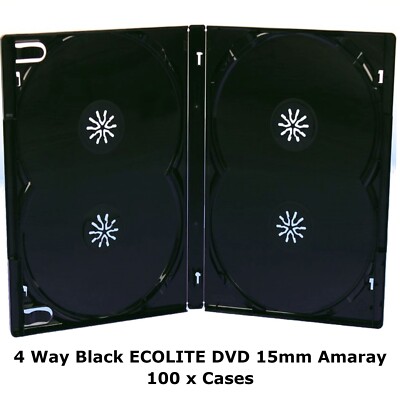 100 x 4-Wege schwarze DVD leere Ersatzhüllen 14 mm hält 4 Discs überlappend AMARAY