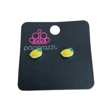 Lemon Fruit Enamel Stud Earrings Yellow With Green Leaf Silver Metal Cottagecore