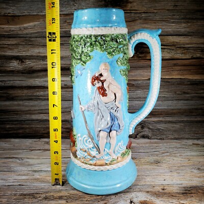 14'' Vintage Atlantic Mold A607 Porcelain Hand Painted Beer Stein Mug Signed E.W.