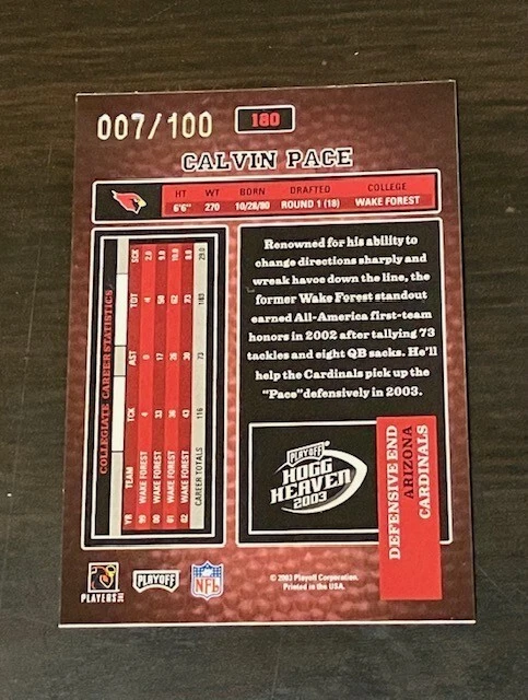 CALVIN PACE rc 2003 Hogg Heaven HOGG WILD #d 007 /100 Redskins - Image 2 of 2