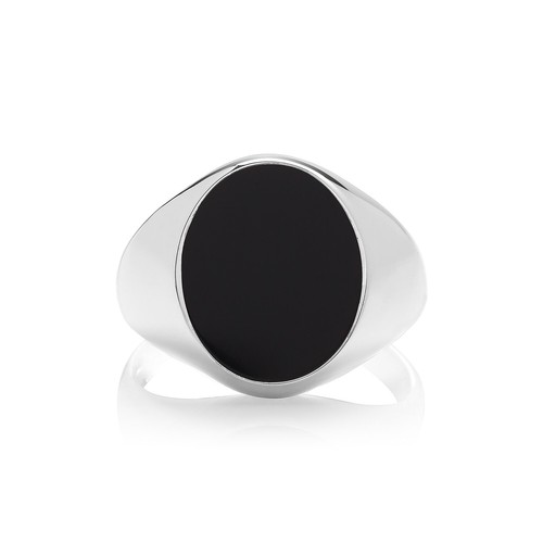 925 Sterling Silver Rhodium Plated Oval Black Onyx Signet Ring - Picture 3 of 4