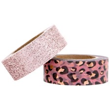 2 Rolls Pink Glitter Leopard Print Washi Decorative Tape Papercraft Journal