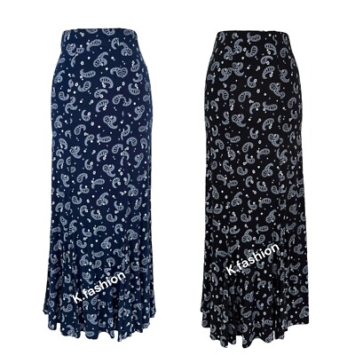 Neu Damen Paisley Druck Maxi voller langer Länge Rock ausgestellt Panel dehnbar UK