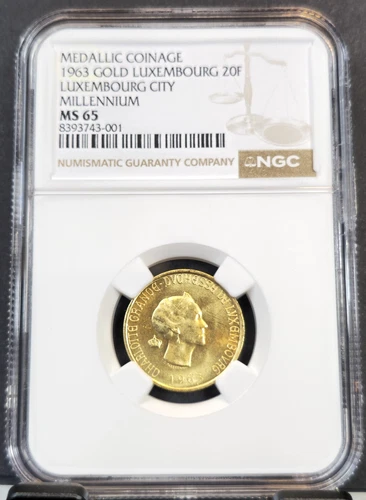1963 LUXEMBOURG GOLD 20 FRANCS LUXEMBOURG CITY MILLENNIUM NGC MS 65 RARE