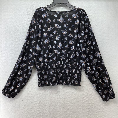 Jolie and Joy Women's Black Floral Long Sleeve Blouse Top Size