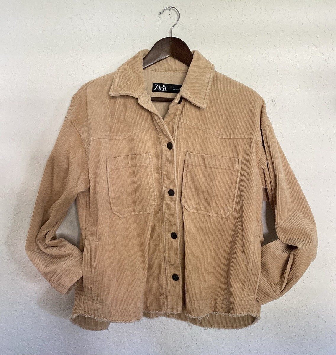 Zara Corduroy Shacket Oversized Shirt Jacket Tan Raw Hem Boyfriend Size M