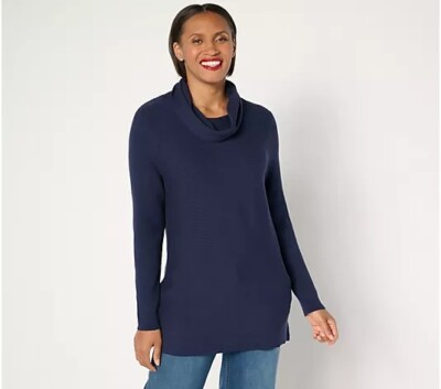 AnyBody Brushed Rib Cowl Neck Sweater with Side Slits - Navy (Sz L) a669422