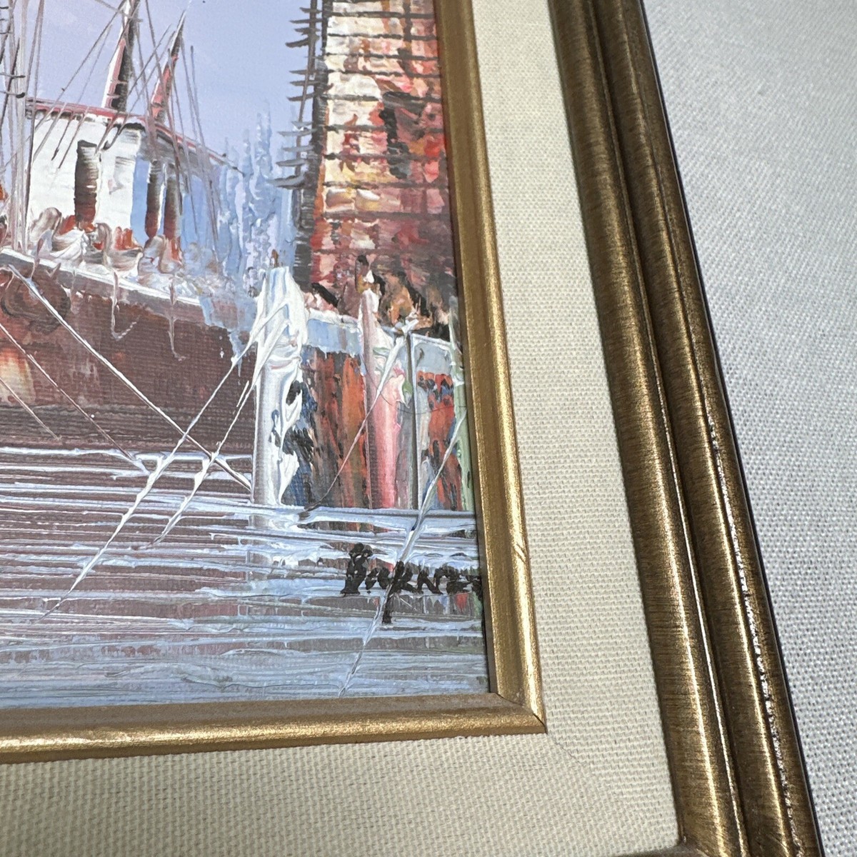 Signed Burnett Harbor Scene Oil Painting Framed Ship Seascape