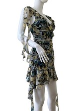 Floral Chiffon Ruffle Mini Dress Multicolor One Shoulder V-Neck Sleeveless