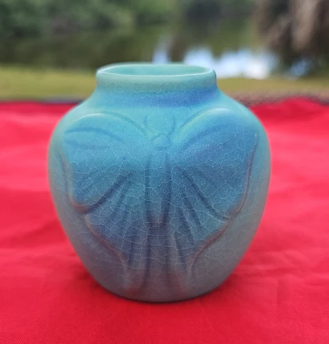 Van Briggle Ming Blue Butterfly Art Pottery Vase 1940s Colorado Springs 2 3/4" T