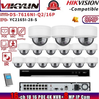 VIKYLIN 16CH DS-7616NI-Q2/16P POE NVR Security Systems IR 8MP Dome IP Camera lot