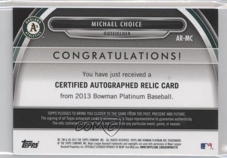 2013 Bowman Platinum Auto Relic Red Refractor /25 Michael Choice #AR-MC Auto - Image 2 of 2
