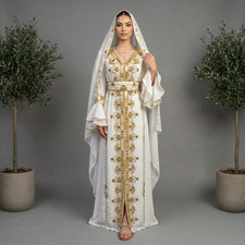 Royal White Moroccan Kaftan Hand Embroidered Gold Zari Dubai Abaya Wedding Gown