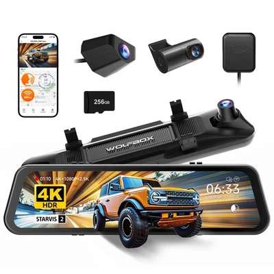 WOLFBOX G900 Tripro 3 Channel WiFi Dash Cam 4K+2.5K+1080P Cabin Version, 256GB