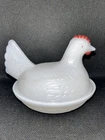 🐣 Vintage 5" Milk Glass Hen on Nest -  Easter Candy Dish Red Painted Comb 4”x5”