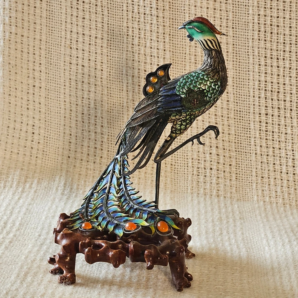 Antigua filigrana cloisonne china dorada de plata esterlina Phoenix sobre base de madera Foto 4 de 4