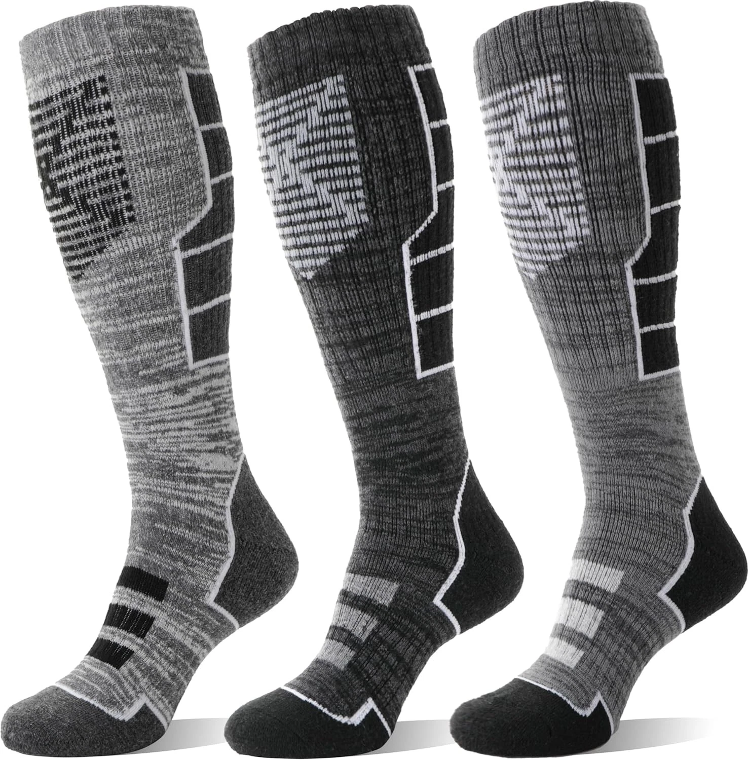 Anlisim 3 Pairs Unisex Merino Wool Ski Thermal Warm Thick Large, Black Gray
