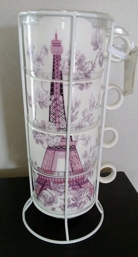 Stackable Coffee Mug Set Of 4 Metal Rack Nouveau Plan Paris Eiffel Tower - Picture 4 of 4