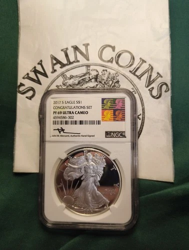 2017 S American SILVER EAGLE PF69  FR JOHN MERCANTI  CONGRATULATIONS SET E5-113