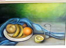 Vecchio quadro, natura morta con frutta, olio su carta rigida  con cornice