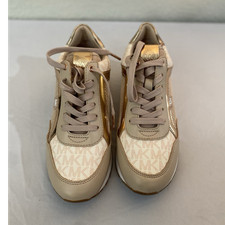 Michael Kors Logo Print Beige Gold Metallic Lace-Up Canvas Sneakers Women
