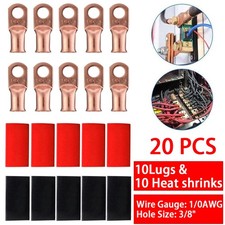20PCS 1/0 AWG Gauge Copper Lugs W/ BLACK & RED Heat Shrink Ring Terminals Wire