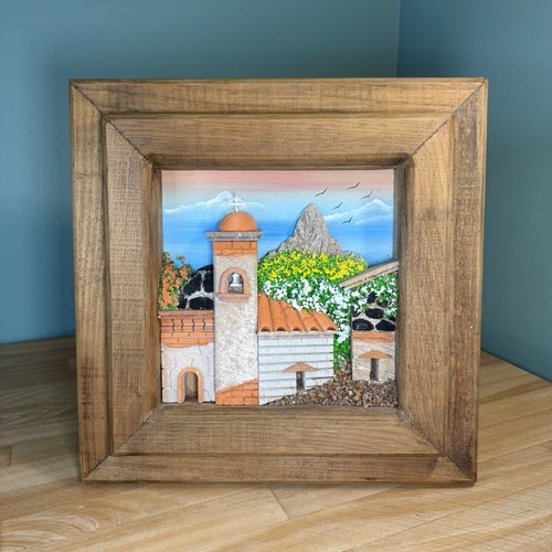 VTG 3D CHURCH Diorama Pumice Stone Wood Frame Mexico Wall Art Handcrafted 12x12”