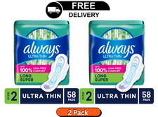 Always Ultra Thin Pads with Wings, Size 2, Long Super Absorbency, 58 Each-2 Pack