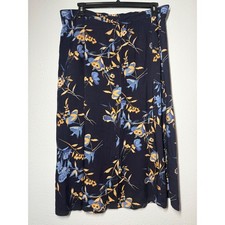Sag Harbor Woman Navy Blue Floral Button Front Rayon Midi Skirt Plus Size 1X VTG
