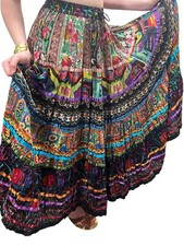 Vtg Sz S MAXI Skirt Broomstick INDIA COTTON Satin Ribbon Crinkle Tiered Peasant