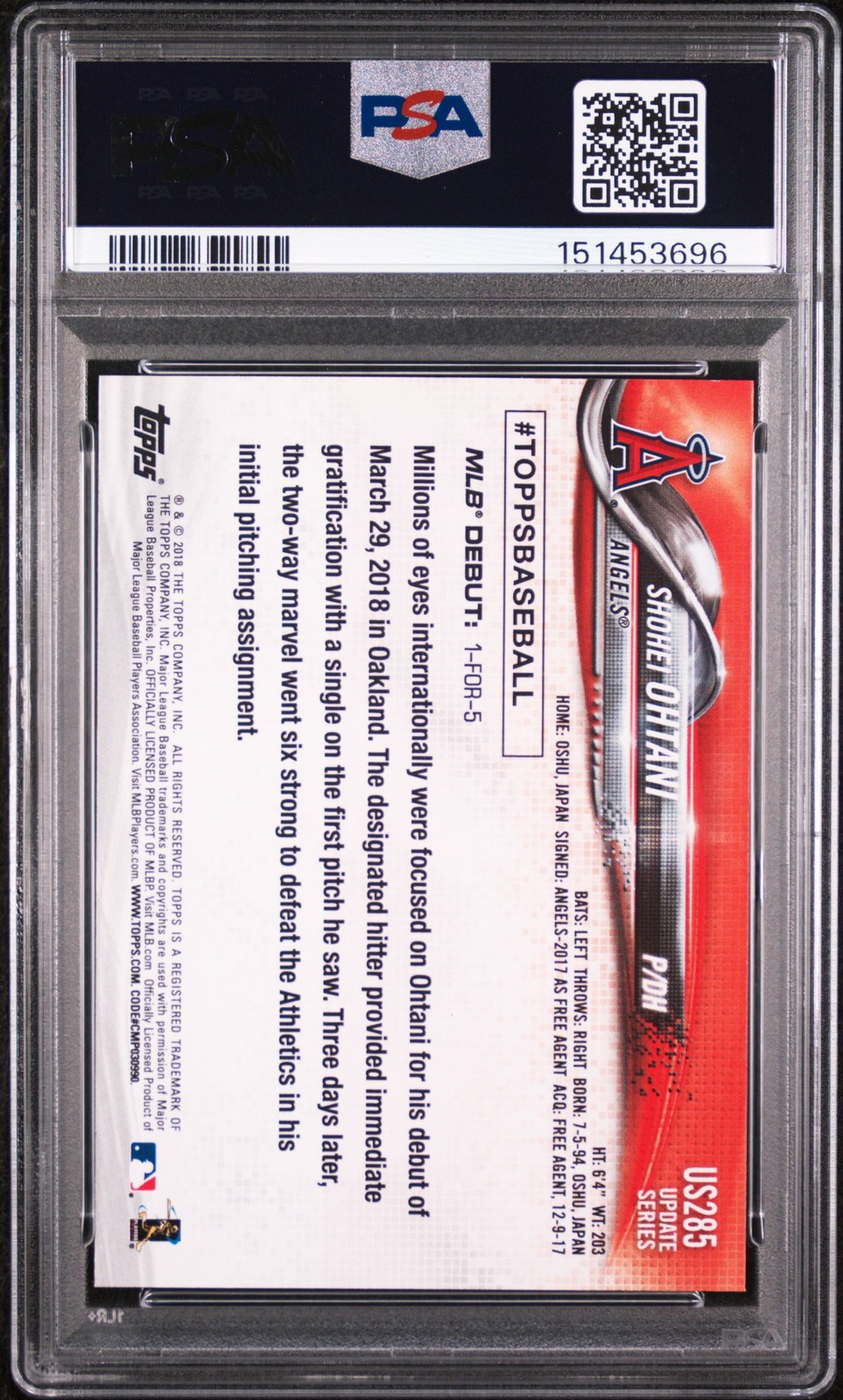 2018 TOPPS UPDATE #US285 SHOHEI OHTANI ROOKIE RC PSA 10 view 2