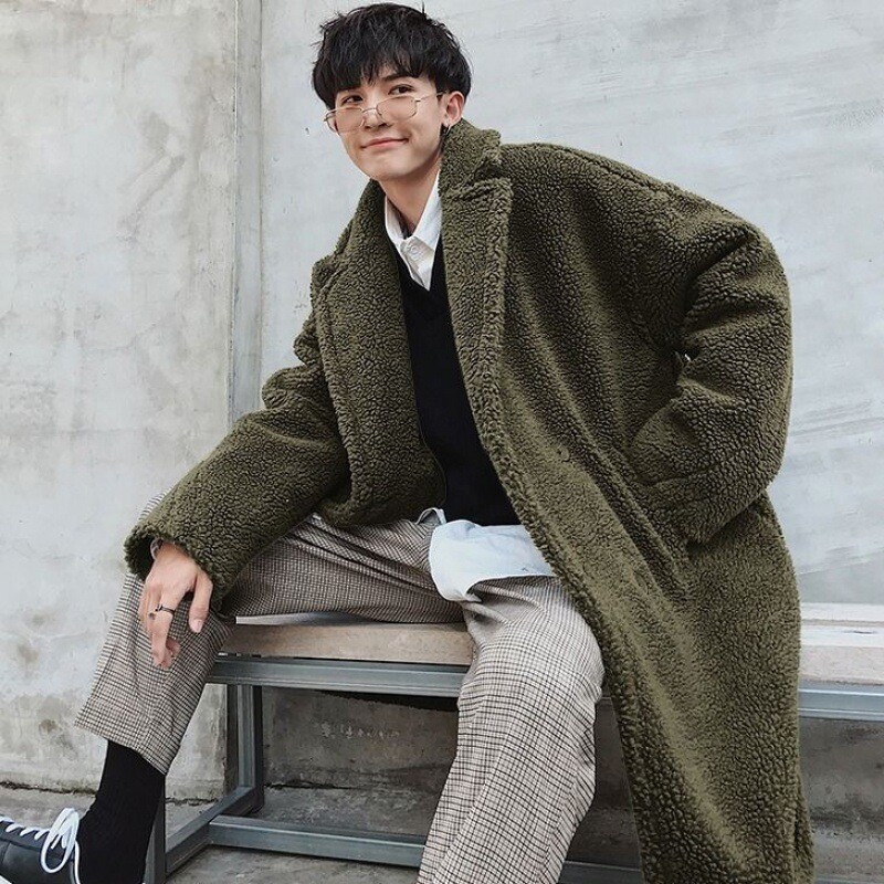 Men's Sherpa Overcoat Shearling Fleece Outwear Trench Coat Winter Jacket Lapel