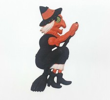 Vintage Halloween Witch on Broom Germany Embossed Cardboard 1940s - 1960s RARE