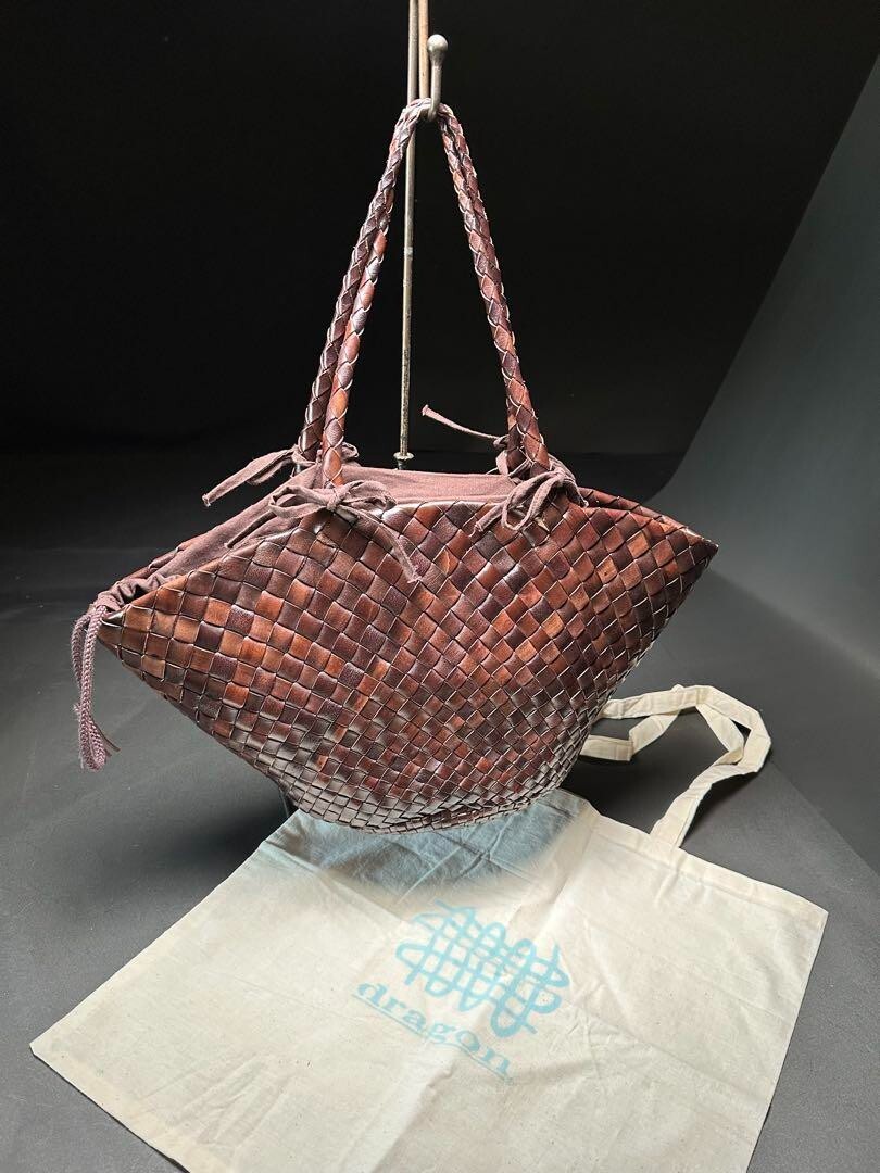 Dragon Diffusion Brown Leather Woven Basket Bag with Inner